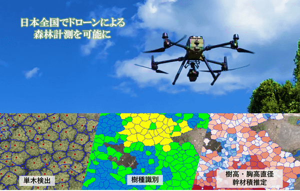 飛行するドローン。単木検出、樹種識別、樹高・胸高直径・幹材積推定の画像。