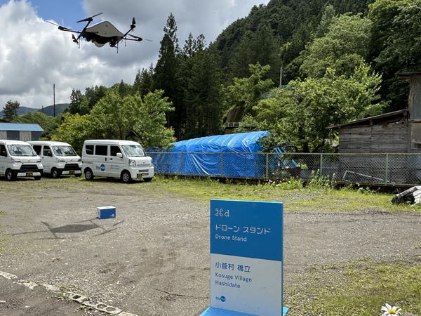 写真：ドローンスタンド（ドローンの離着陸スペース）に荷物を置いて離陸するドローン