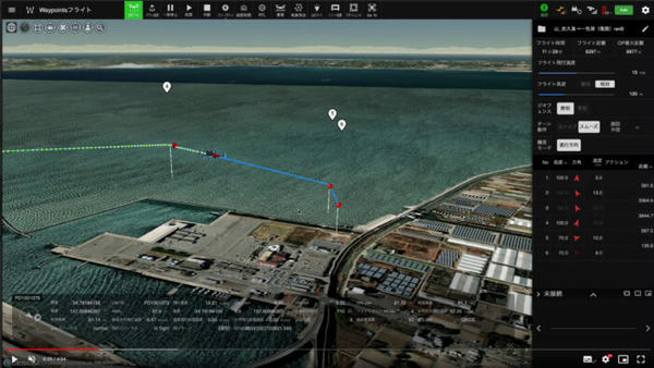 GCSの画面。飛行経路とドローンの現在地が表示されている。
