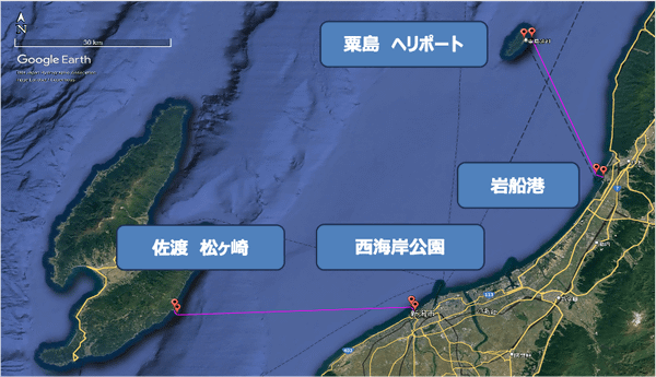 佐渡島・粟島と本土間のドローン飛行ルート