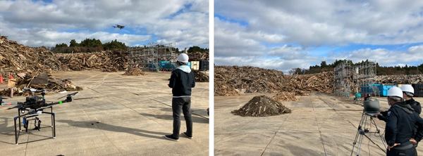 災害廃棄物仮置場でドローンを飛行させる様子、災害廃棄物仮置場で画像を解析する様子