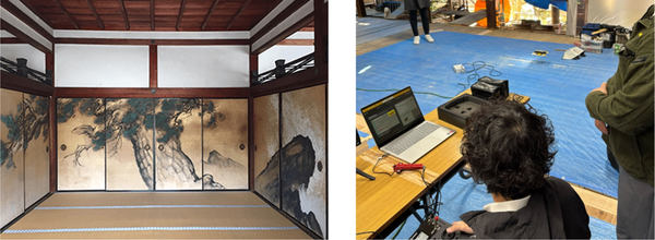 写真：仁和寺白書院の室内、点検を行う様子