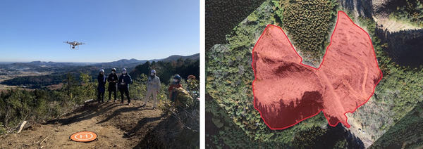 左：飛行するドローンと操縦者たち、右：山林の上空からの画像、一部は赤く表示