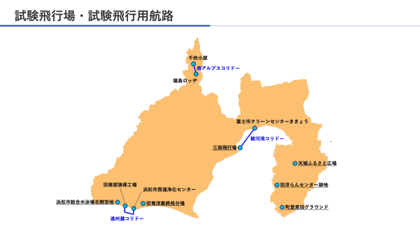 試験飛行場・試験飛行用航路が示された静岡県の地図