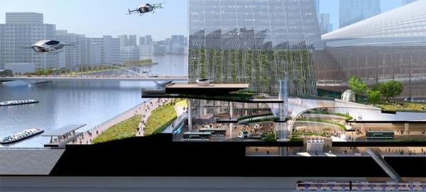 「築地地区まちづくり事業」空のモビリティバーティポートの完成予想イメージ