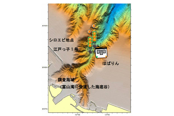 写真：富山湾の海底地形図に示された調査地点