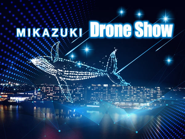 ホテルを背景に、ドローンショーで夜空に描かれたクジラのイメージ