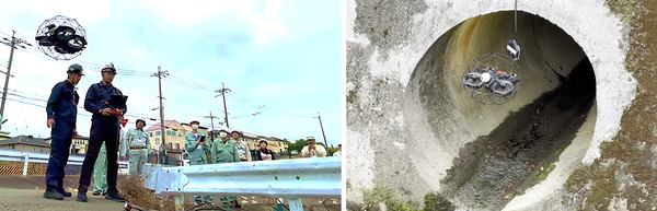 写真：飛行するドローン、操縦者など／管渠に進入するドローン