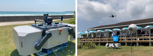 写真：ドローンポートとスタンバイするドローン、飛行するドローン