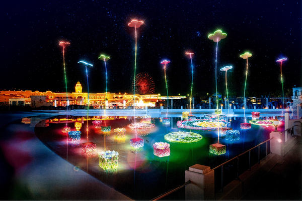 光り輝きながら水上を動き回る「花手水型水上ドローン」や「四つ葉のクローバー型空中ドローン」