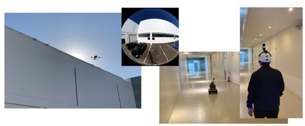 写真：建物付近を飛行するドローン、建物内を走行するロボット、カメラを装着したヘルメットを被る人