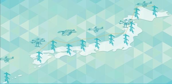 写真:日本地図に複数描かれた鉄塔を北海道から九州まで点線で結び、その上をドローンが飛行するイラスト