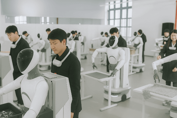 写真：複数のヒューマノイドロボット、作業する人