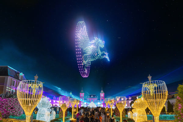 写真：ドローンショーで夜空に描かれた、輪をくぐるペガサス