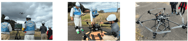 写真3枚：飛行するドローン、操縦者など／ドローンに触れながら作業するスタッフ／ドローン
