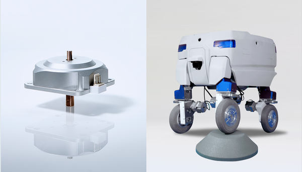 写真:ピエゾソニックモータ(左)、4輪の地上ドローン「Mighty-D4」(右)