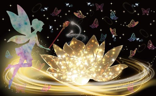 妖精と花、たくさんのチョウが飛ぶイラスト
