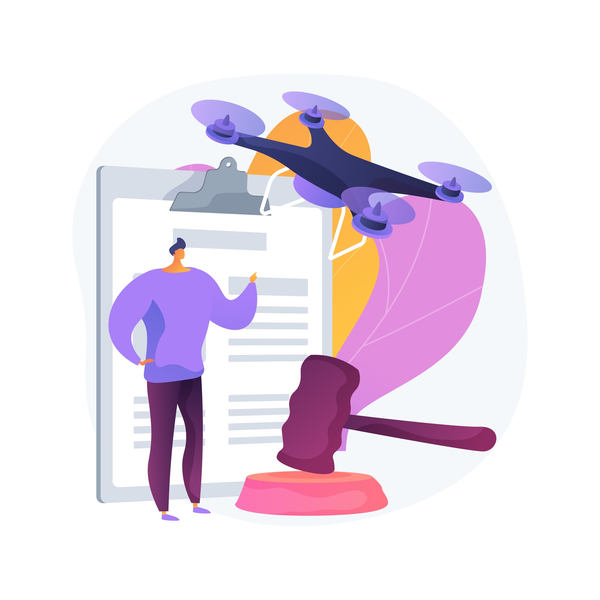 ドローン、木槌、書類が挟まれたバインダー、人のイラスト