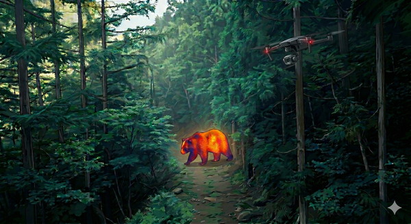 画像：森の中のクマ、飛行するドローン