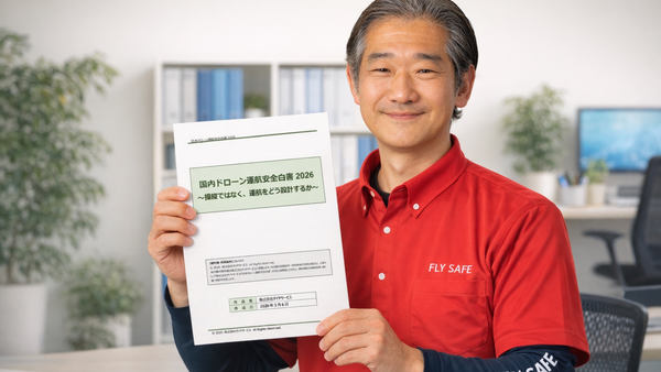 写真：「日本ドローン運航安全白書 2026」を手に持つダイヤサービス代表取締役社長の戸出智祐氏