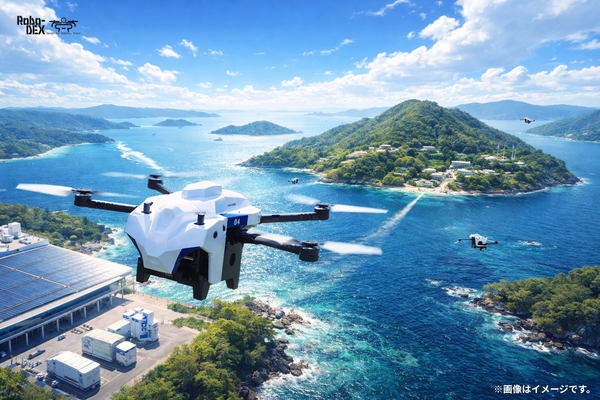 多数のドローンが瀬戸内海の上を飛行するイメージ