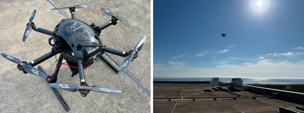 写真：スピーカーを搭載した津波避難広報ドローン、ドローンポートの上空を飛行するドローン