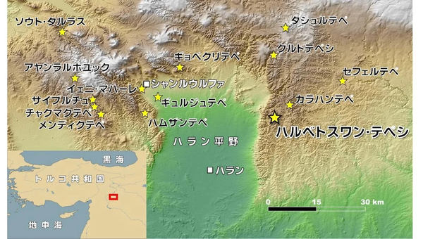トルコ南東部シャンルウルファ県の主な「石の丘群」新石器時代遺跡の位置を示した地図