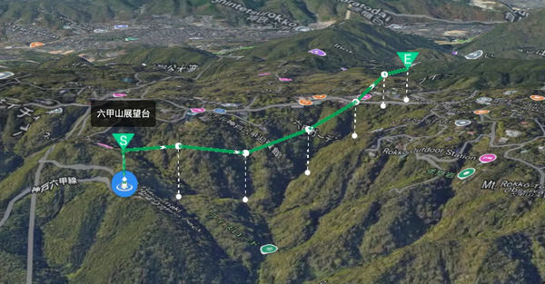 六甲山展望台からの飛行ルート