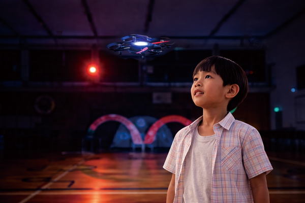 飛行するドローンとそれを見つめる子ども