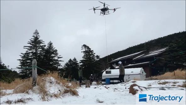 写真：物資を吊り下げて雪山を飛行するドローン