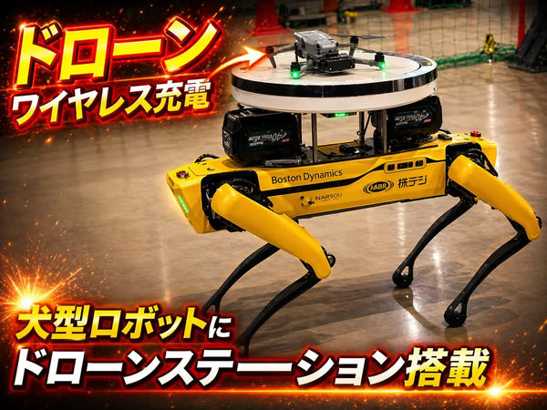 写真：犬型ロボット「SPOT」の背中に搭載したドローンステーションシステム