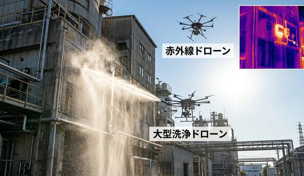 写真：大型洗浄ドローンが外壁に水を噴射する様子、その近くを飛行する赤外線ドローン