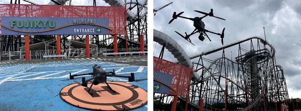写真：富士急ハイランドとランディングパッド上のドローン、FUJIYAMA付近を飛行するドローン