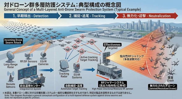 対ドローン群多層防護システム：典型構成の概念図