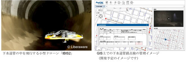 下水道管の中を飛行する小型ドローン「IBIS2」、GIS上での下水道管路点検の管理イメージ