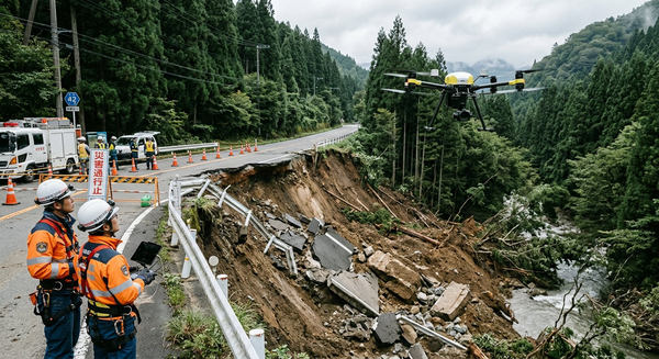 道路脇斜面が崩れる様子、付近を飛行するドローンと操縦する作業員たち