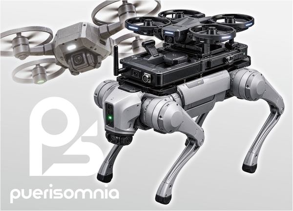 4足歩行ロボットの上にドローンが載った空陸連携システムのイメージ