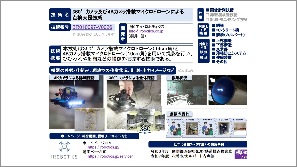 アイ・ロボティクスの360°・4Kマイクロドローン点検技術が国交省